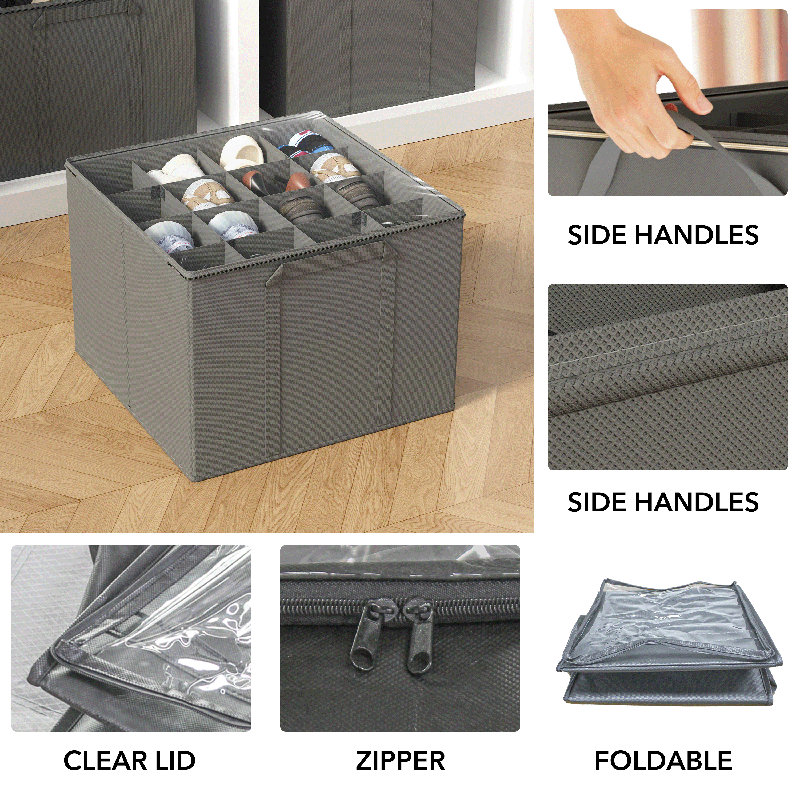 Shoe Organizer for Closet, 2 Pack Foldable Shoe Storage Containers with Adjustable Dividers, Fits 16-32 Pairs for Home and Closet Organization