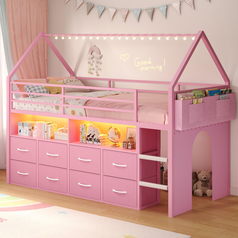 Twin Size Loft Bed With 8 Storage Drawers,house Shaped Metal Loft Bed With Led Lights And Bookcase,low Loft Bed With Ladder & 13.4" Guardrail,fun Space Under The Bed