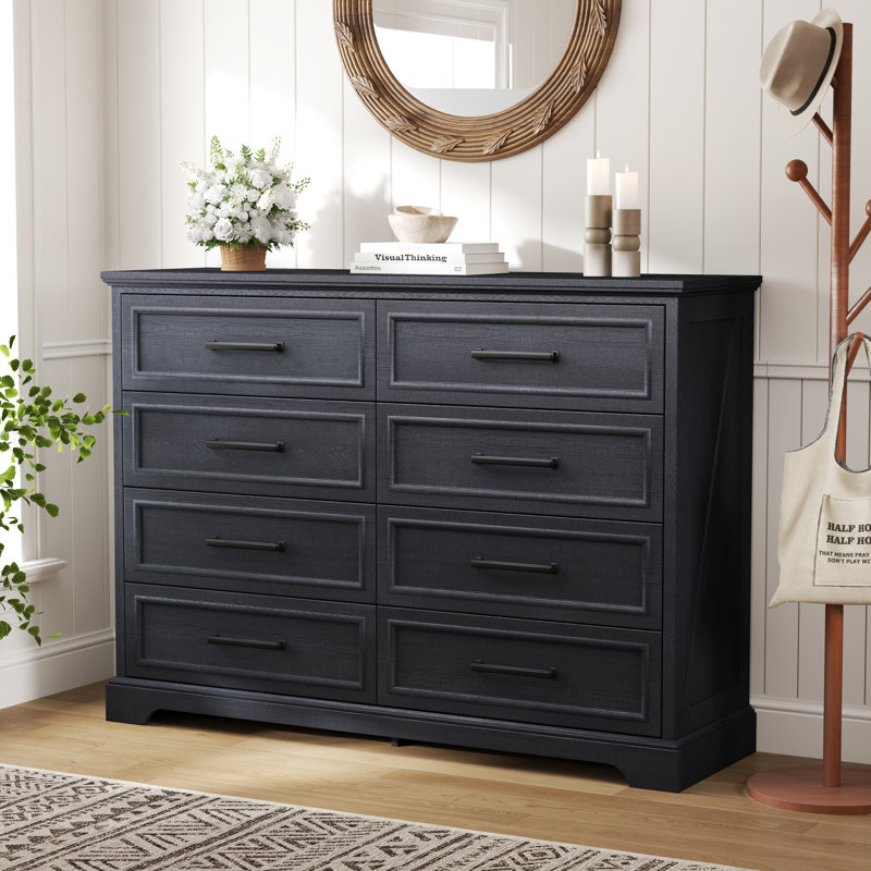 Farmhouse 8 Drawers Dresser Chests For Bedroom,52" Wide Wood Rustic Chest Of Drawers With Metal Handle,natural Texture, Black