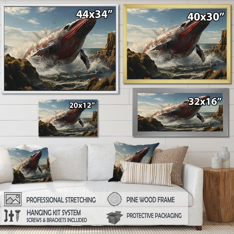 «Coastal Whale regarder Out Of Ocean III», reproduction d'art sur toile, H 16 po x l 32 po x P 1 po, Cadre flottant noir