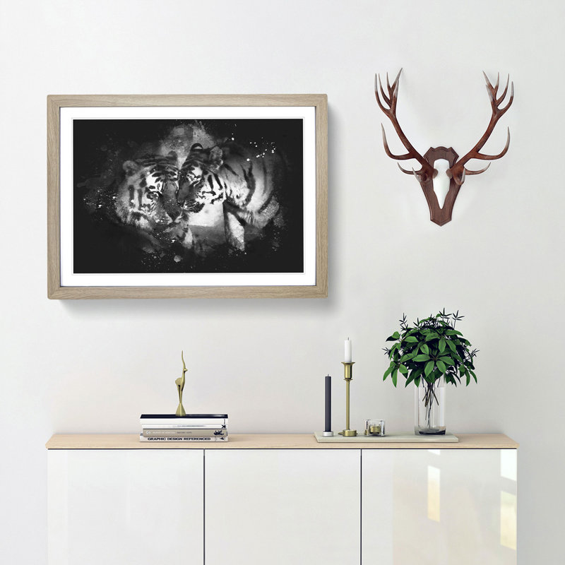 Two Snuggling Tigers - Picture Frame Graphic Art Print, 33cm H x 45cm W x 2cm D, Oak Framed