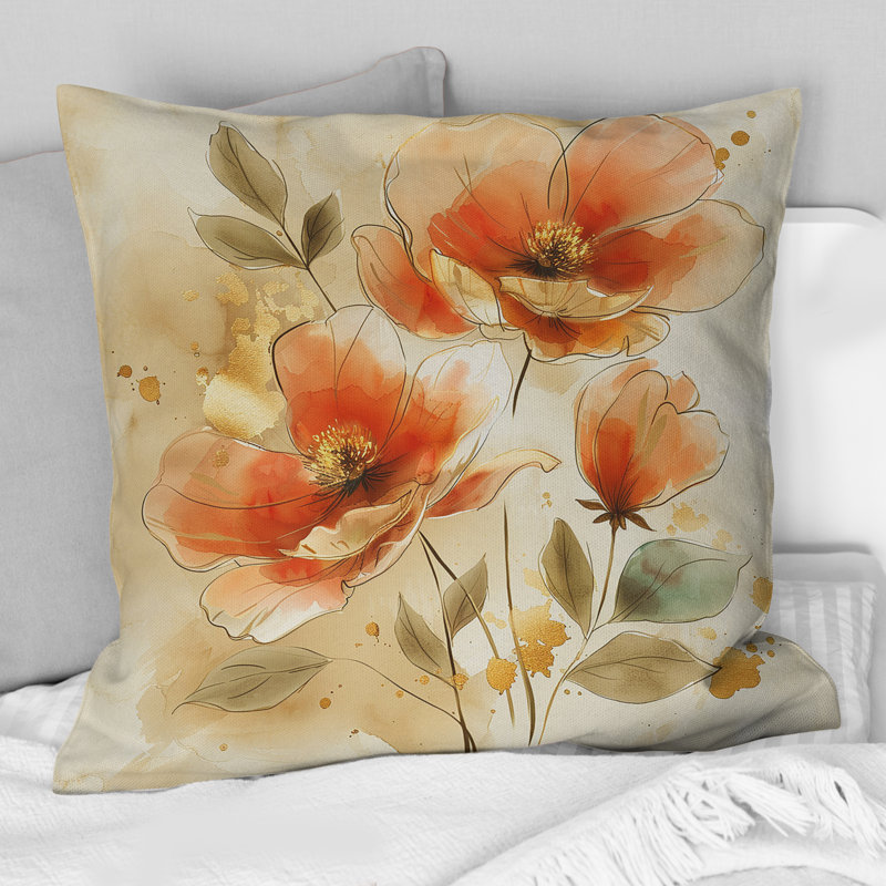 Watercolor Floral Dream - Coussin décoratif floral, H 18 po x H 18 po, Rouge / doré
