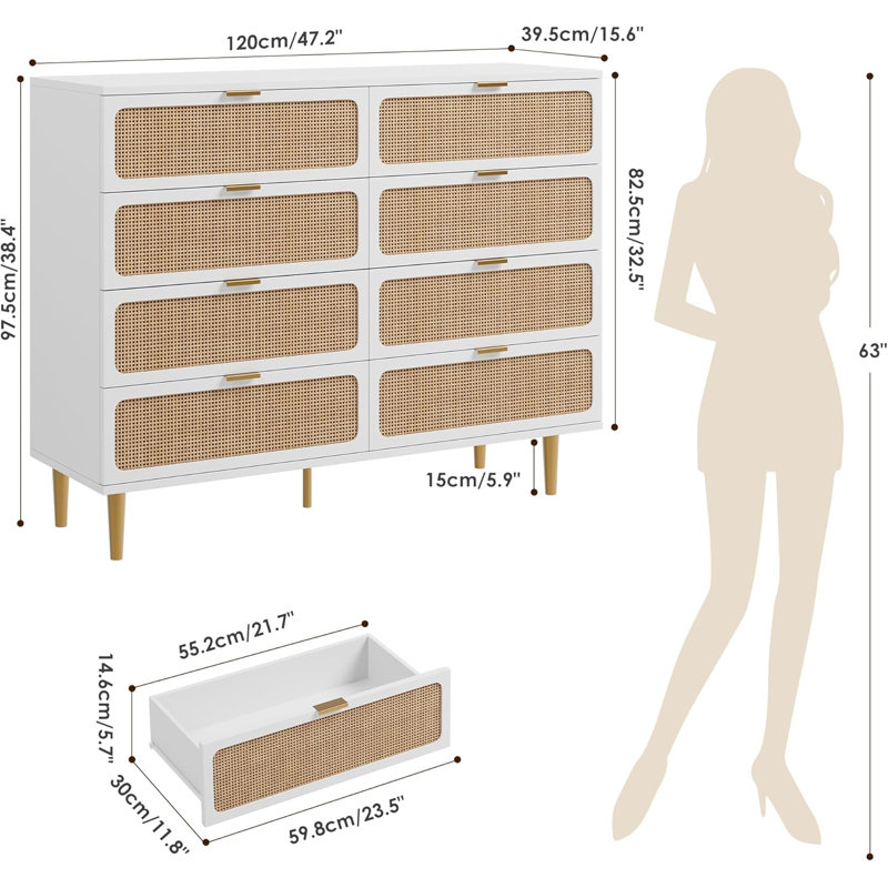 White Rattan 8-Drawer Dresser – Tall Chest with Deep Storage & Wide Tabletop for Bedroom, White/Beige