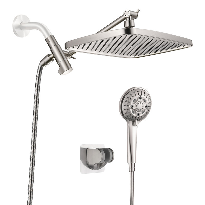 Pomme de douche à pluie double 12 pouces avec bras d'extension et douchette multifonction 8-Spary Nickel brossé