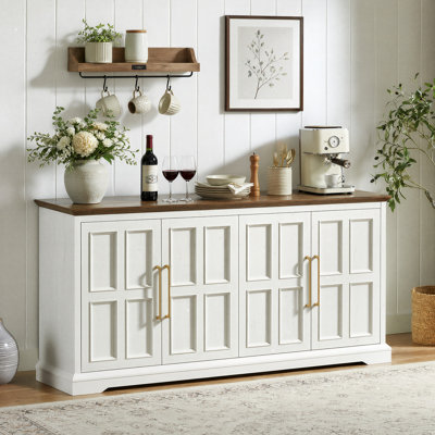 67" Wide Farmhouse Sideboard Buffet Cabinet, Rustic White & Walnut Storage Credenza with Raised Panel Doors, Multifunctional Console Table for Kitchen, Dining Room & Living Room