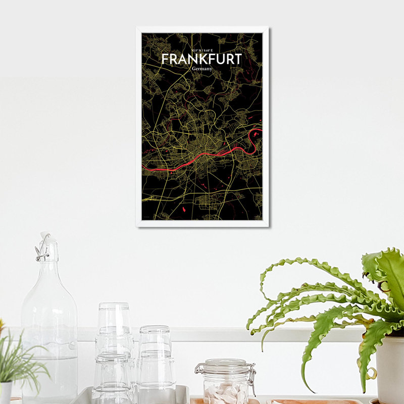 Carte de Francfort, impression graphique contrastée, H 17 po x l 11 po, Noir / rouge / jaune