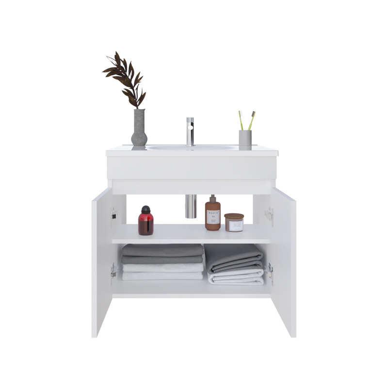 Meuble-lavabo flottant à deux portes Chaux, avec lavabo en résine et deux tablettes, rangement pour salle de bain, blanc