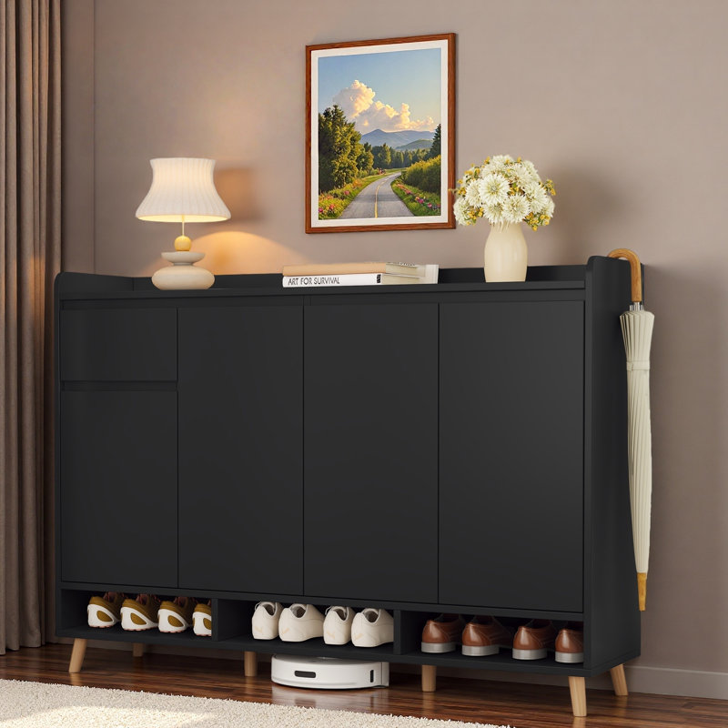 Contemporary Shoe Cabinet With Adjustable Shelves, Open Compartments And Drawer, Black