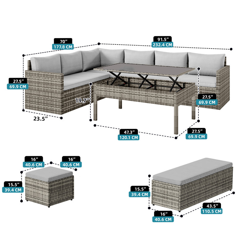  6 Pcs L-Shaped Patio Furniture Set Dining Table And Ottoman All Weather Wicker Outdoor Sectional Sofa Conversation Set