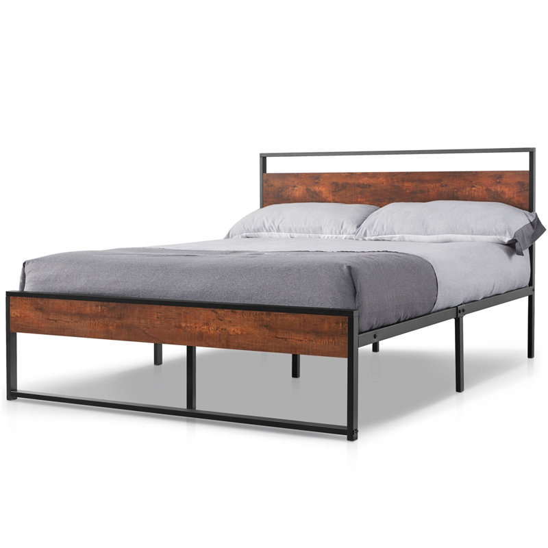 Lit plateforme rustique en métal, Acajou, Double