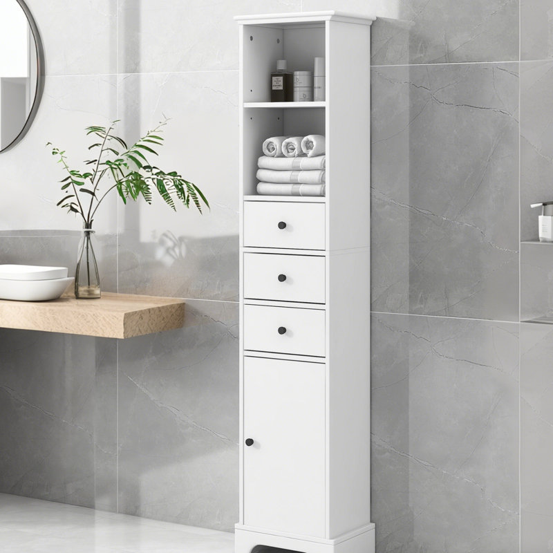 Grande armoire de salle de bain blanche, armoire de rangement autoportante avec 3 tiroirs et tablette réglable, panneau de fibres à densité moyenne avec finition peinte
