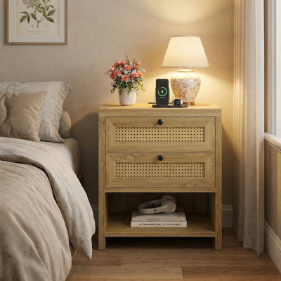 Vena Modern 22.8"W X 24.4"H Night Stand With Charging Station, Boho Rattan Nightstand Bedside Table With 2 Drawers & 1 Shelf, Small Wood End Table With Storage Cabinet