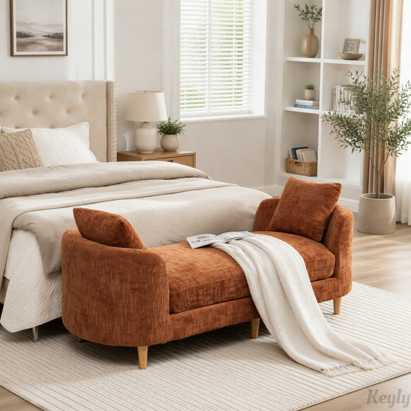 Banquette-méridienne rembourrée avec coussins cylindriques, Orange, Orange