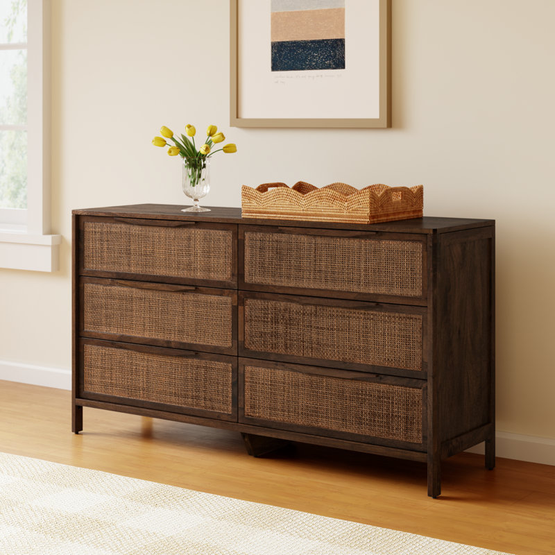 Nellie 6 Drawer Cane Dresser, Brown Wash/Brown Cane