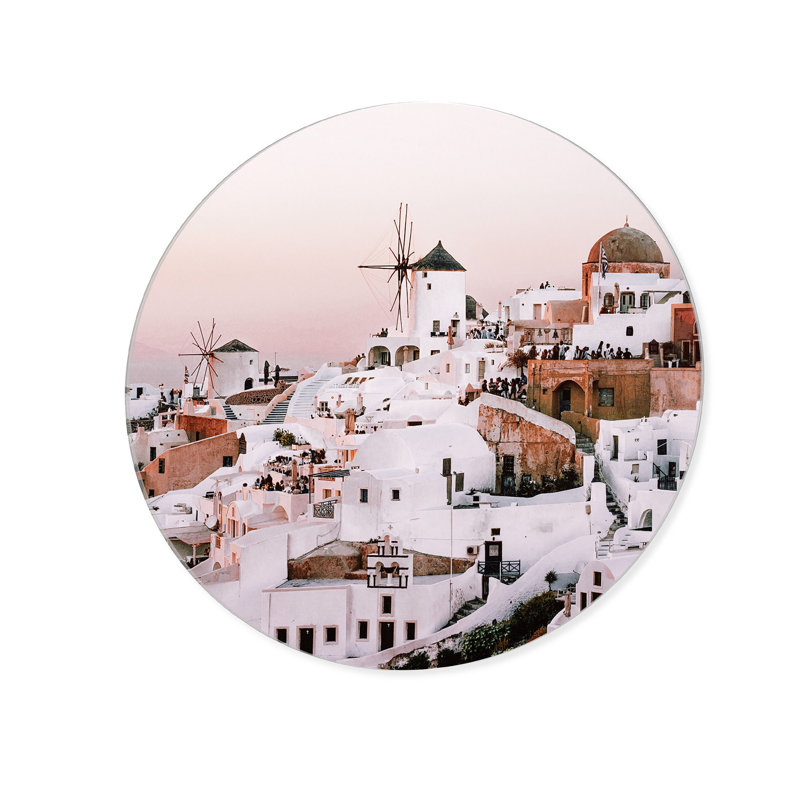 Santorini Sunrise Architecture Round Acrylic Art by Oliver Gal, 12" H x 12" W