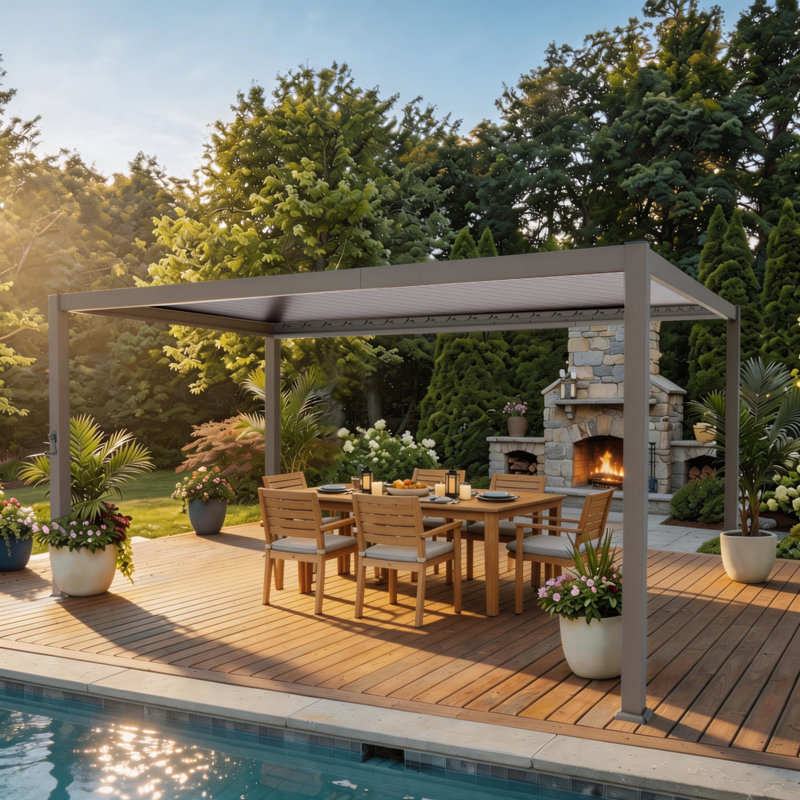 Metal Frame Freestanding Patio Pergola Outdoor Louvered Roof Pergola for Patio, 12' x 14'