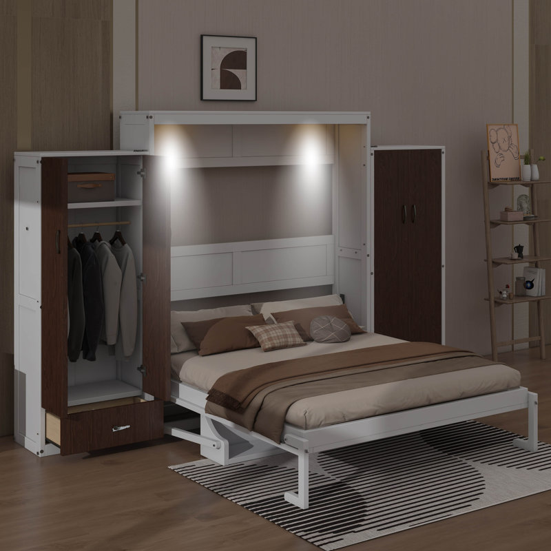Lit escamotable avec lampes à DEL intégrées, garde-robe et grands espaces de rangement, Grand lit