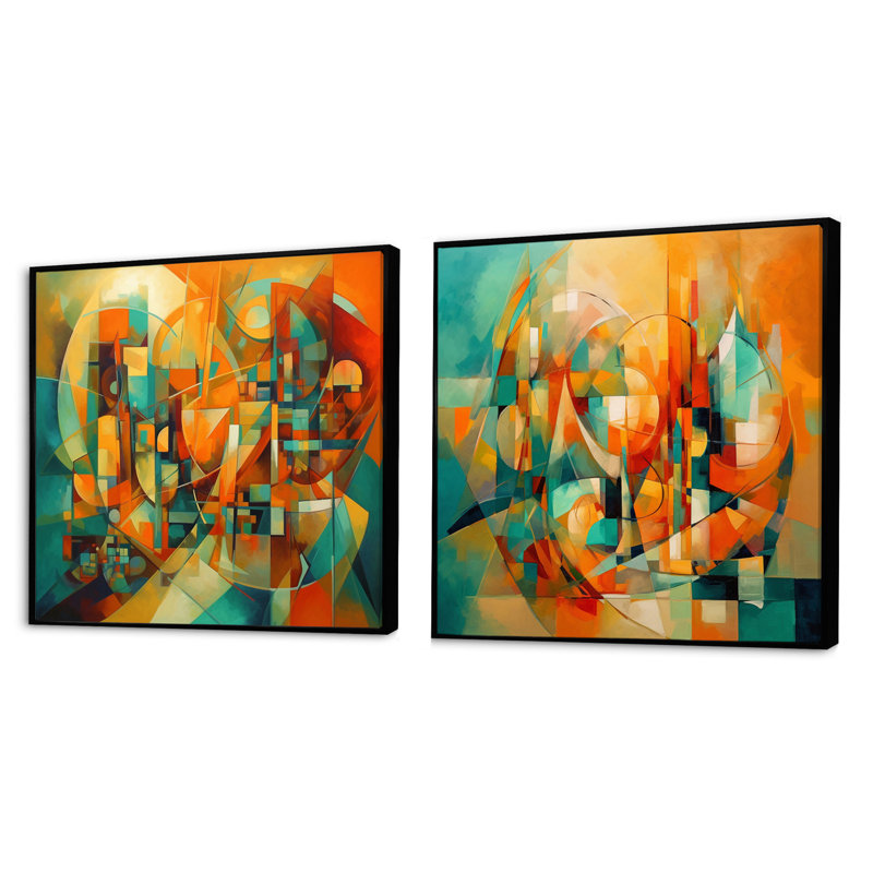 «Abstracting The Cubist Form» - Ensemble de 2 carrés cubiques abstraits, Cadre flottant noir, H 16 po x l 33 po