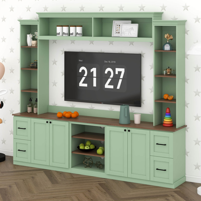 Meuble télé 4 en 1 avec bibliothèque, tablettes réglables et tiroirs Farmhouse, Mint Green