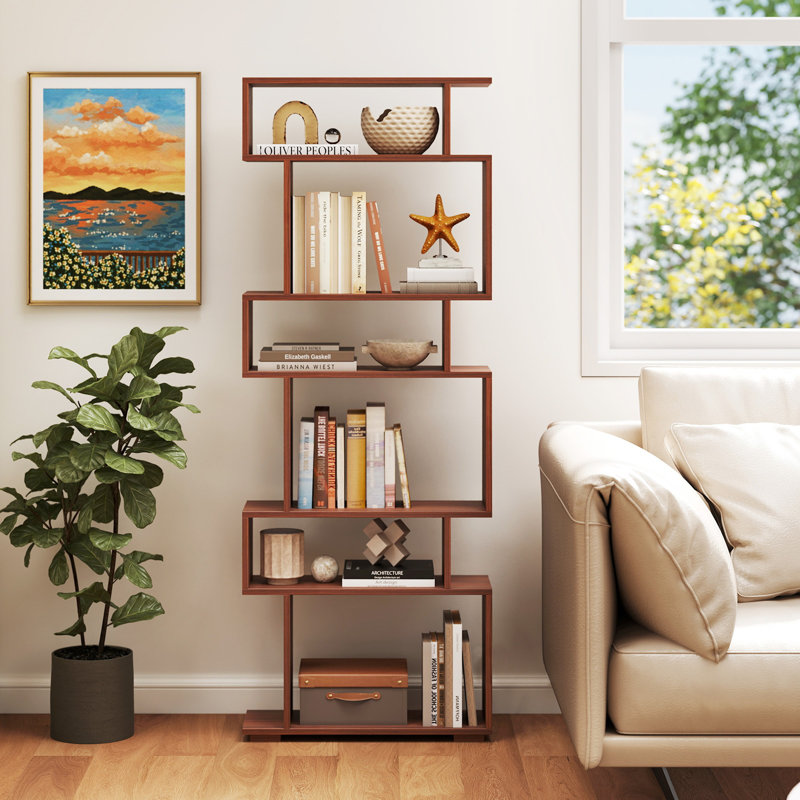 6-tier Storage Bookshelf S-shaped Geometric Bookcase With Anti-toppling Kits, Walnut