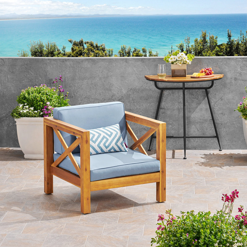Fauteuil club Brava, confortable et polyvalent, Tissu imperméable bleu, Naturel