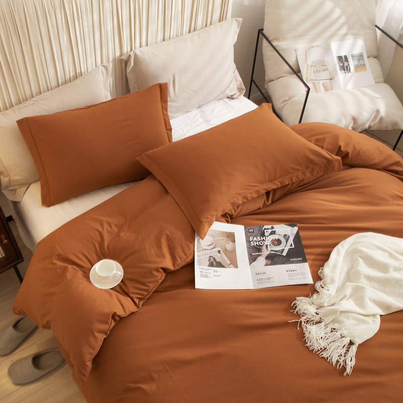  Breathable Washed Microfiber Duvet Cover Set, Full Duvet Cover + 2 Standard Shams, Brunt Orange