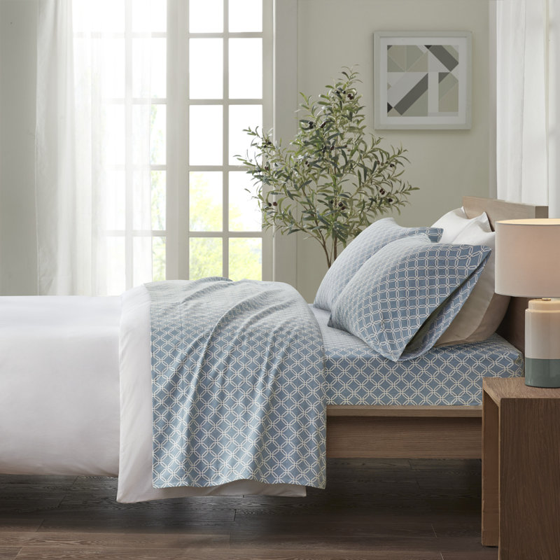 Cozy Flannel 100% Cotton Sheet Set, Twin XL Sheet Set with 1 Pillowcases, Blue Geometric