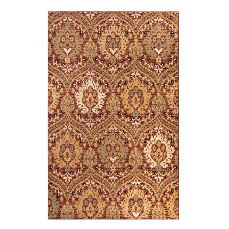 Tapis floral olive rouge et doré 5 pi x 8 pi résistant aux taches