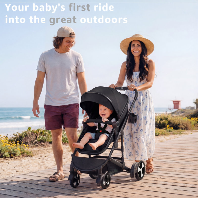 Convertible Baby Stroller, Folding High Landscape Infant Carriage, Adjustable Canopy, Diaper Bag, Anti-Shock, Black