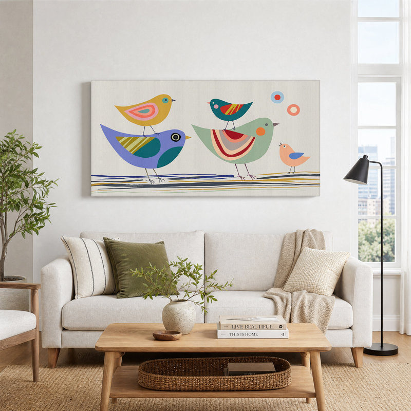 Tableau sur toile représentant un groupe d'oiseaux colorés, style moderne du milieu du siècle, 32“W x 16”H