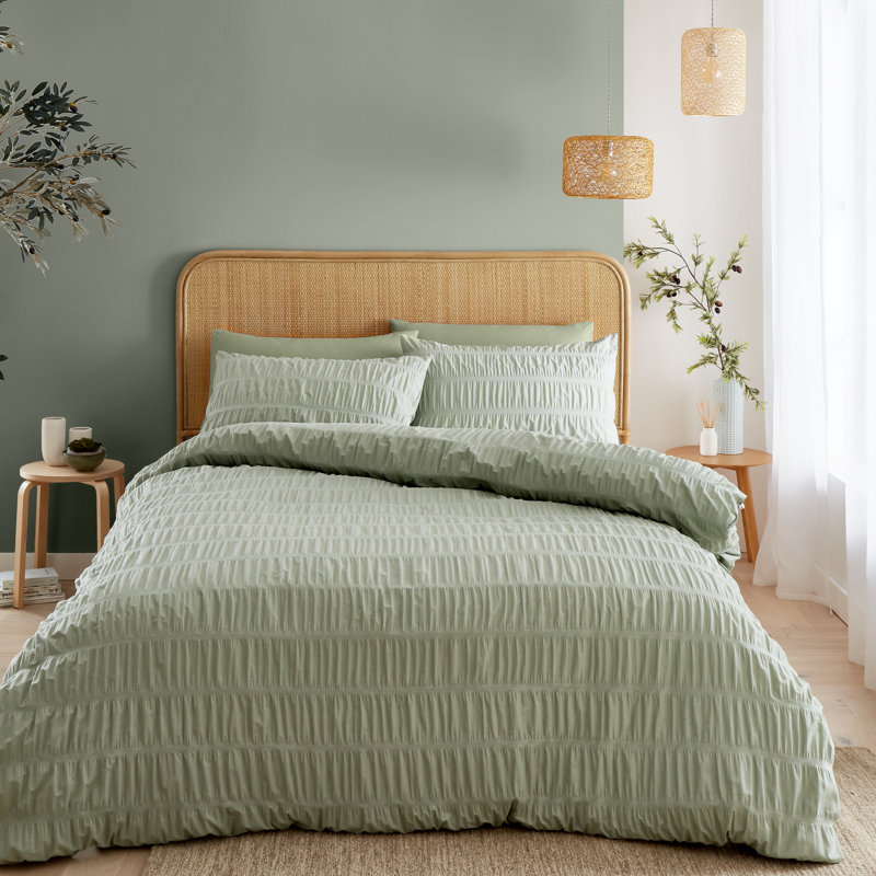 Seersucker Duvet Cover Set with Pillowcases, King Duvet Cover + 2 Standard Pillowcases, Sage