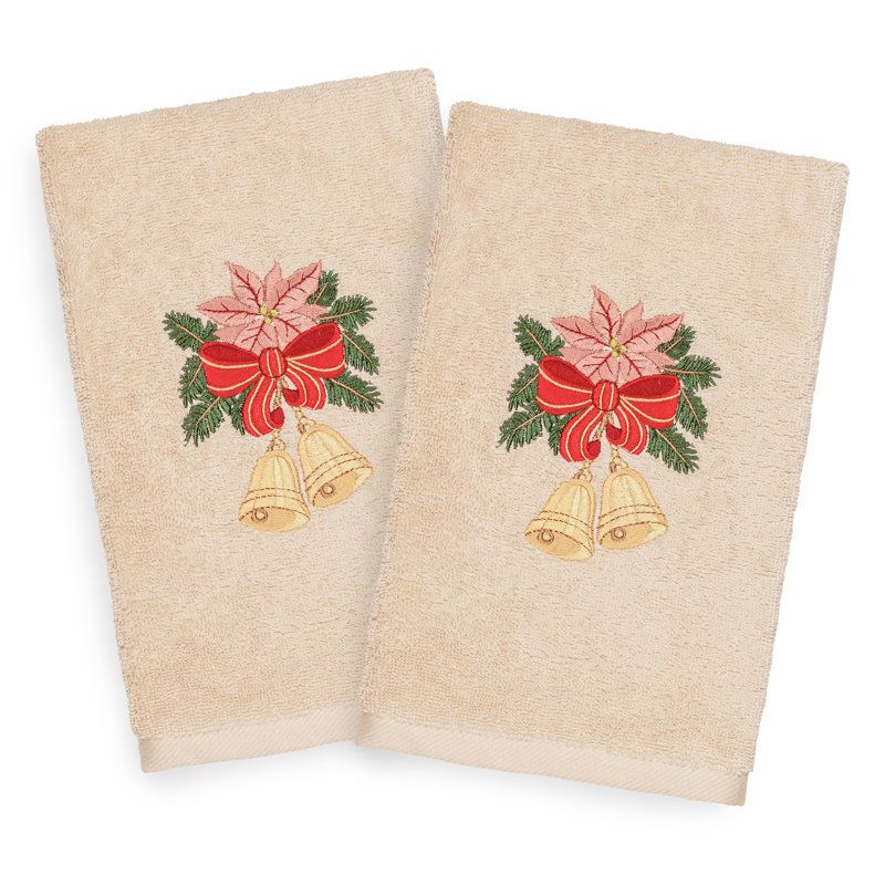 Christmas Bells Embroidered Luxury Turkish Cotton Hand Towel, Sand