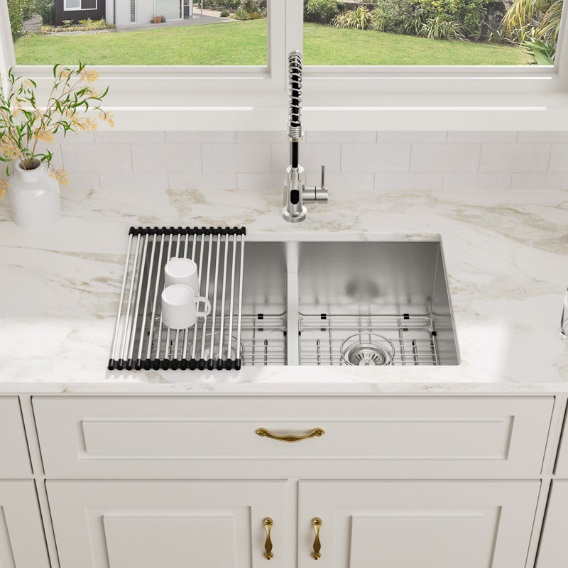 28"L 16 Gauge Undermount 50/50 Low Divide Double Bowl Stainless Steel  Kitchen Sink with Accessories, 28×19×10