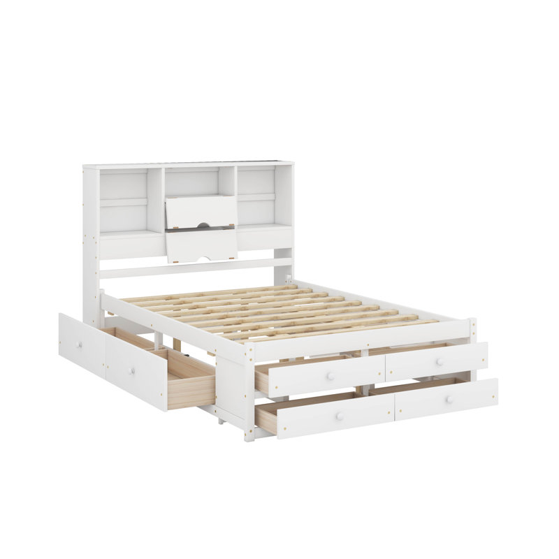 Lit plateforme très grand avec tête de lit et tiroirs de rangement, Blanc