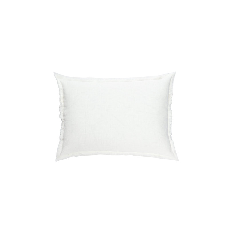 Bright White Linen Lumbar Pillow with Fringed Edges