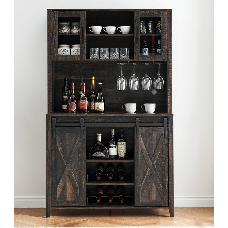 Armoire-bar 69,6 po de hauteur, support à vin pour 6 bouteilles et 12 fentes pour verres à pied 69,6 po, Chêne foncé