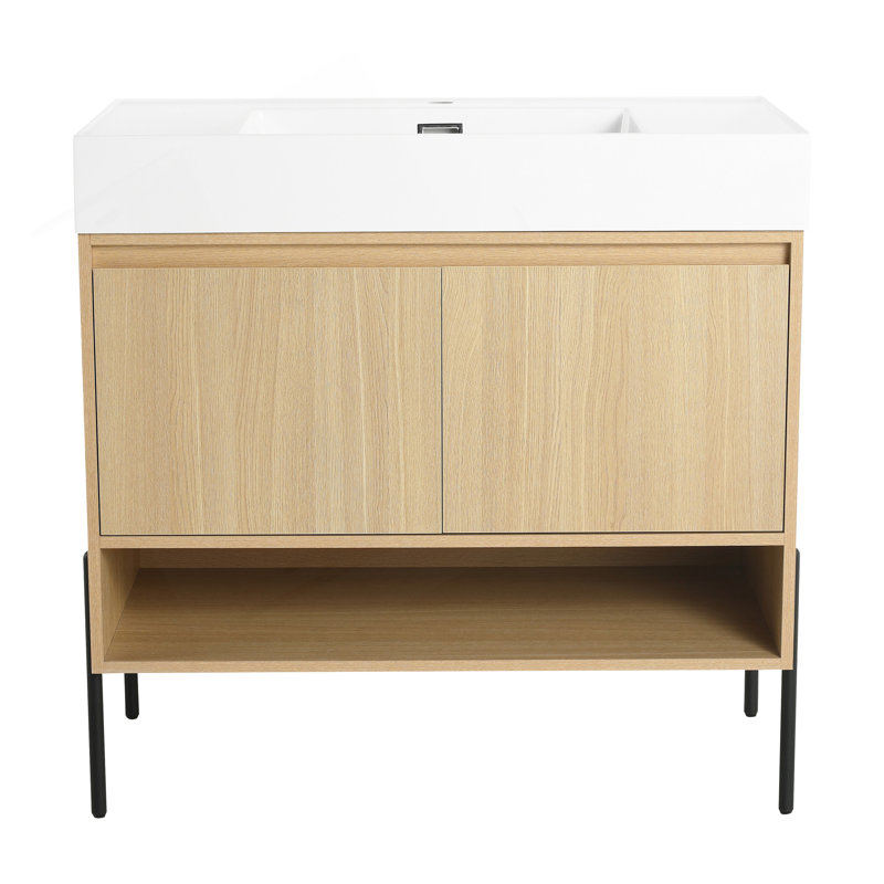 Ensemble de meuble-lavabo 36 po avec lavabo simple en résine, armoire de rangement moderne, bois massif multicouche, assemblage facile