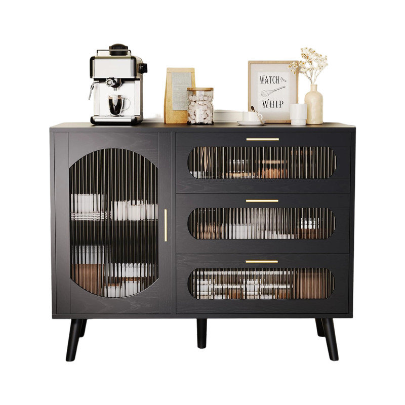 Black Coffee Bar Cabinet with Fluted Glass Doors and Drawers Versatile Sideboard Buffet for Kitchen Entryway Living Room