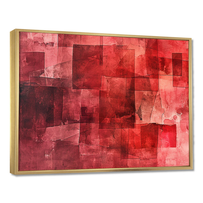 Cubist Red Secrets - Abstract Collages, art mural, H 30 po x l 40 po x P 1,5 po, Toile avec cadre flottant or