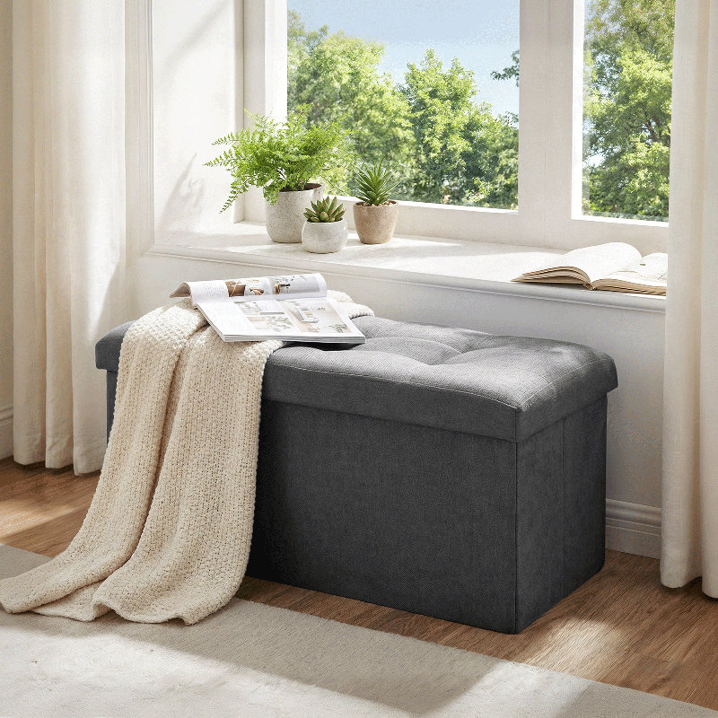 30" Upholstered Folding Storage Ottoman, Tufted Footstool Footrest End of Bed Bench with Padded Seat, Dark Gray