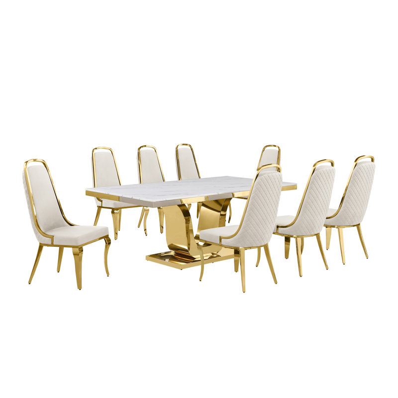 Kimoria Marble Top Pedestal Dining Set, Cream, 9