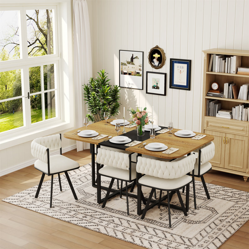 Ensemble de table de salle à manger 7 pièces pour 6, 1 table et 6 chaises rembourrées en velours beige, table en mélamine grain de bois noir et bois, ensemble de coin de cuisine capitonné moderne pour la salle à manger, appartement et petit espace