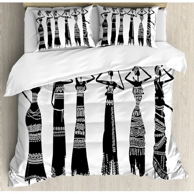 African Sketch of Local Women with Jugs Silhouettes Tribal Patterned Dresses Duvet Cover Set -  Ambesonne, nev_36762_king