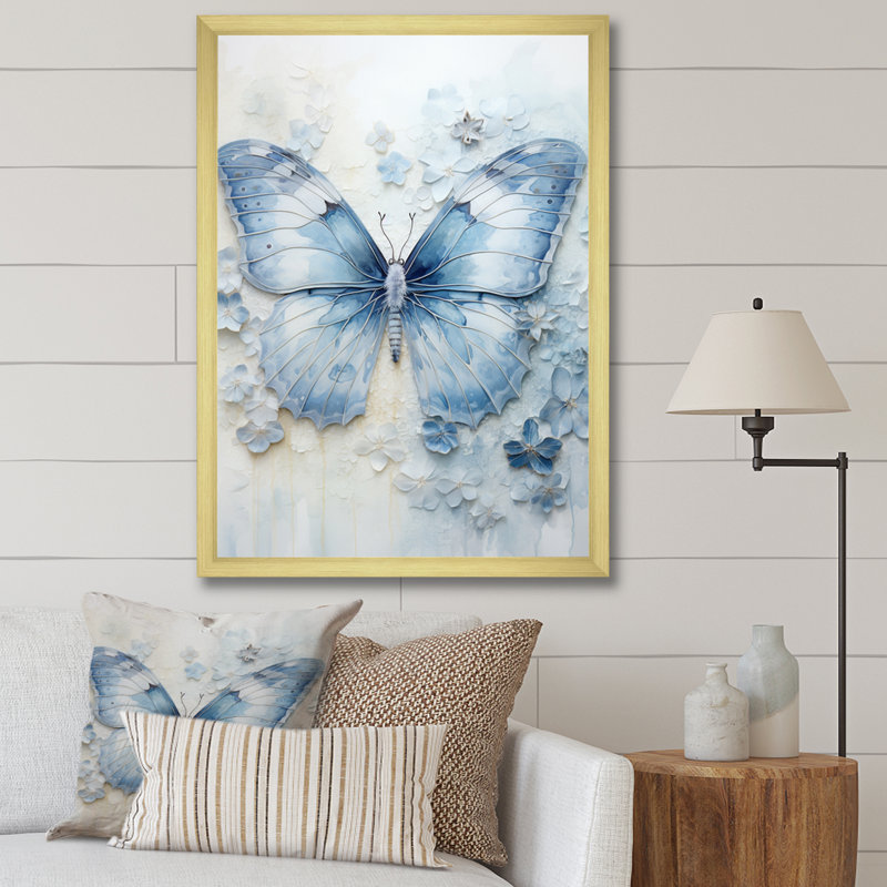 «Blue Butterfly Whispering Wings I», art mural papillon, H 40 po x l 30 po x P 1,5 po, Cadre doré simple