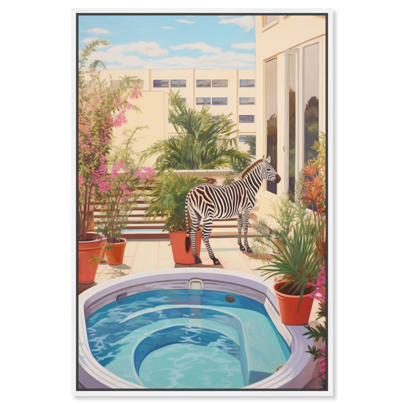 Art mural sur toile Zebra Hottub, Cadre blanc, H 31 po x l 21 po