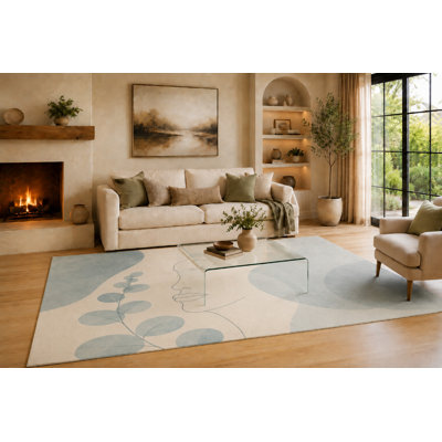 Tapis à profil d'eucalyptus bleu poudre et crème 6 pi 7 po x 9 pi 10 po «Ultra Léger» pour tapis de salon, tapis doux à poils courts avec envers antidérapant pour la chambre à coucher, la salle à manger et le bureau