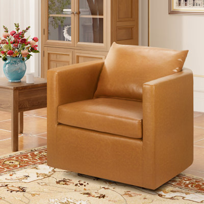 Non-assembly Swivel Accent Chair Upholstered Mid Century Barrel Armchair Linen for Living Room and Bedroom by 17 Stories