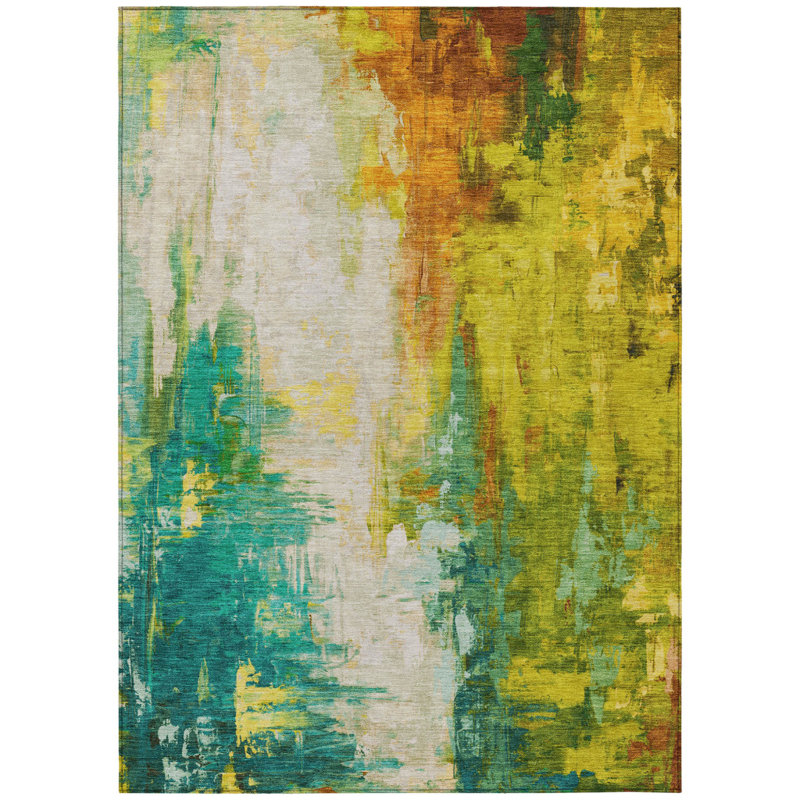 3' X 5' Green And Gold Abstract Washable Indoor Outdoor Area Rug
