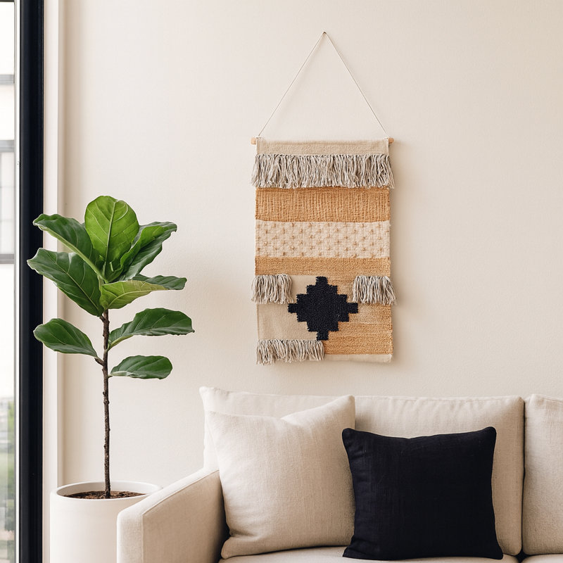 Textured Wall Hanging for Modern Wall Decor – Woven Fabric Wall Art with Fringe – Neutral Boho Home Accent for Bedroom, Entryway, or Living Room – 36"
