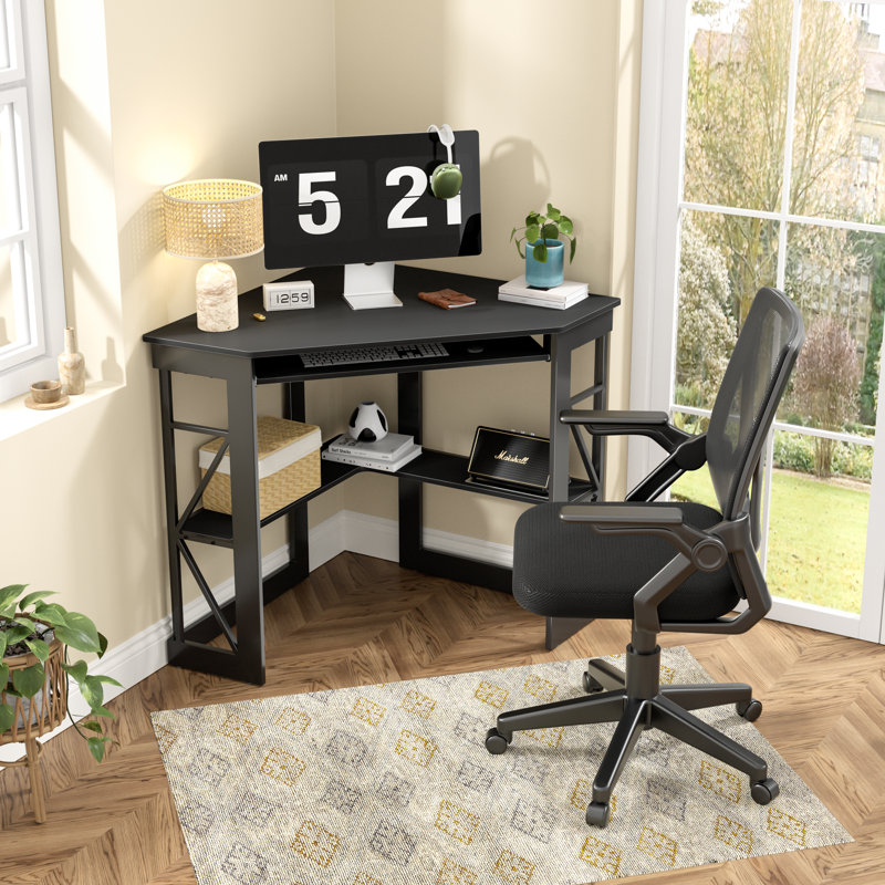 2-Piece Corner Computer Desk And Ergonomic Mesh Office Chair Set, L-Shaped Home Office Workstation With Storage Shelves And Adjustable Swivel Task Chair With Wheels, Space-Saving Study Writing Desk For Bedroom, Gaming, Small Office